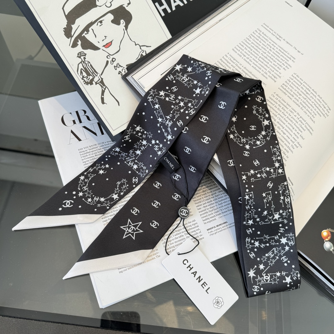 Chanel黑色星空絲巾女 原單細長飄帶 A貨高級感百搭髮帶| 9 Chanel黑色星空絲巾女 原單細長飄帶 A貨高級感百搭髮帶
