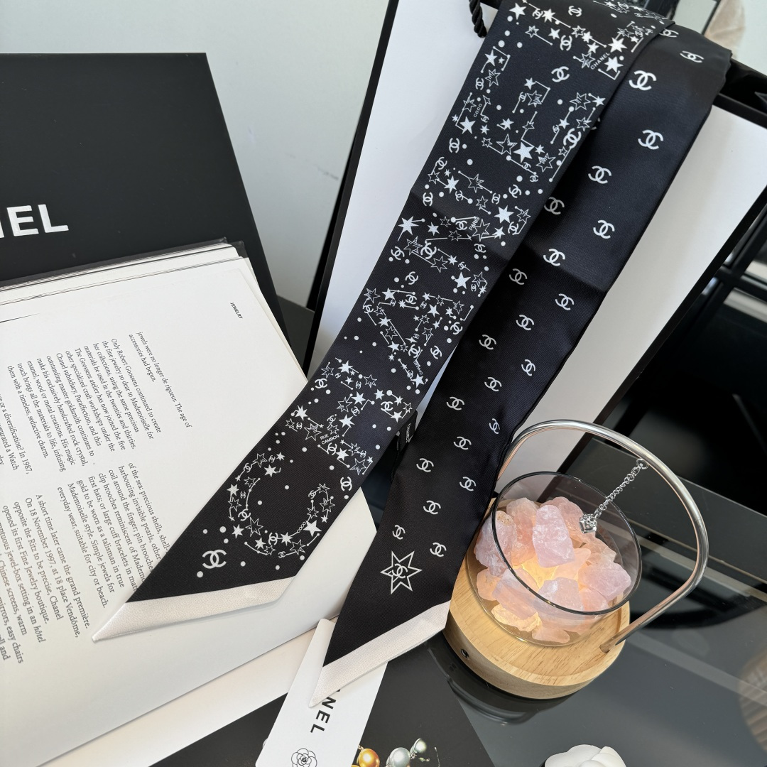 Chanel黑色星空絲巾女 原單細長飄帶 A貨高級感百搭髮帶| 7 Chanel黑色星空絲巾女 原單細長飄帶 A貨高級感百搭髮帶