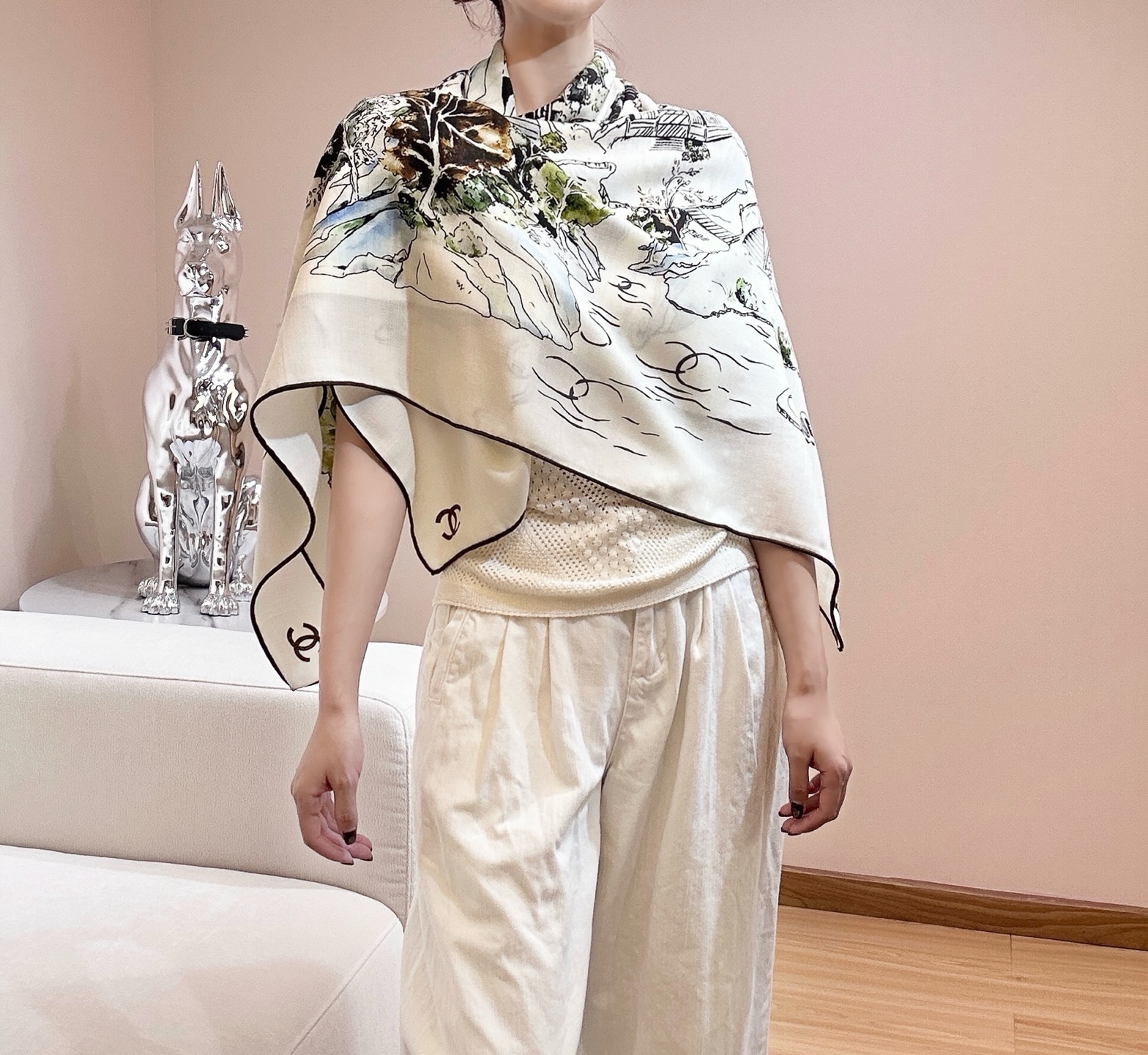 Chanel山水圖騰絲巾女 高仿高級藝術圍巾 一比一大方巾推薦