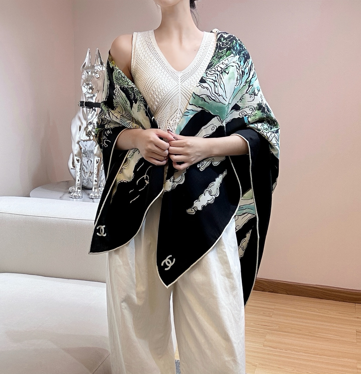 Chanel深色山水絲巾女 原單高級感圍巾 A貨大尺寸百搭披肩