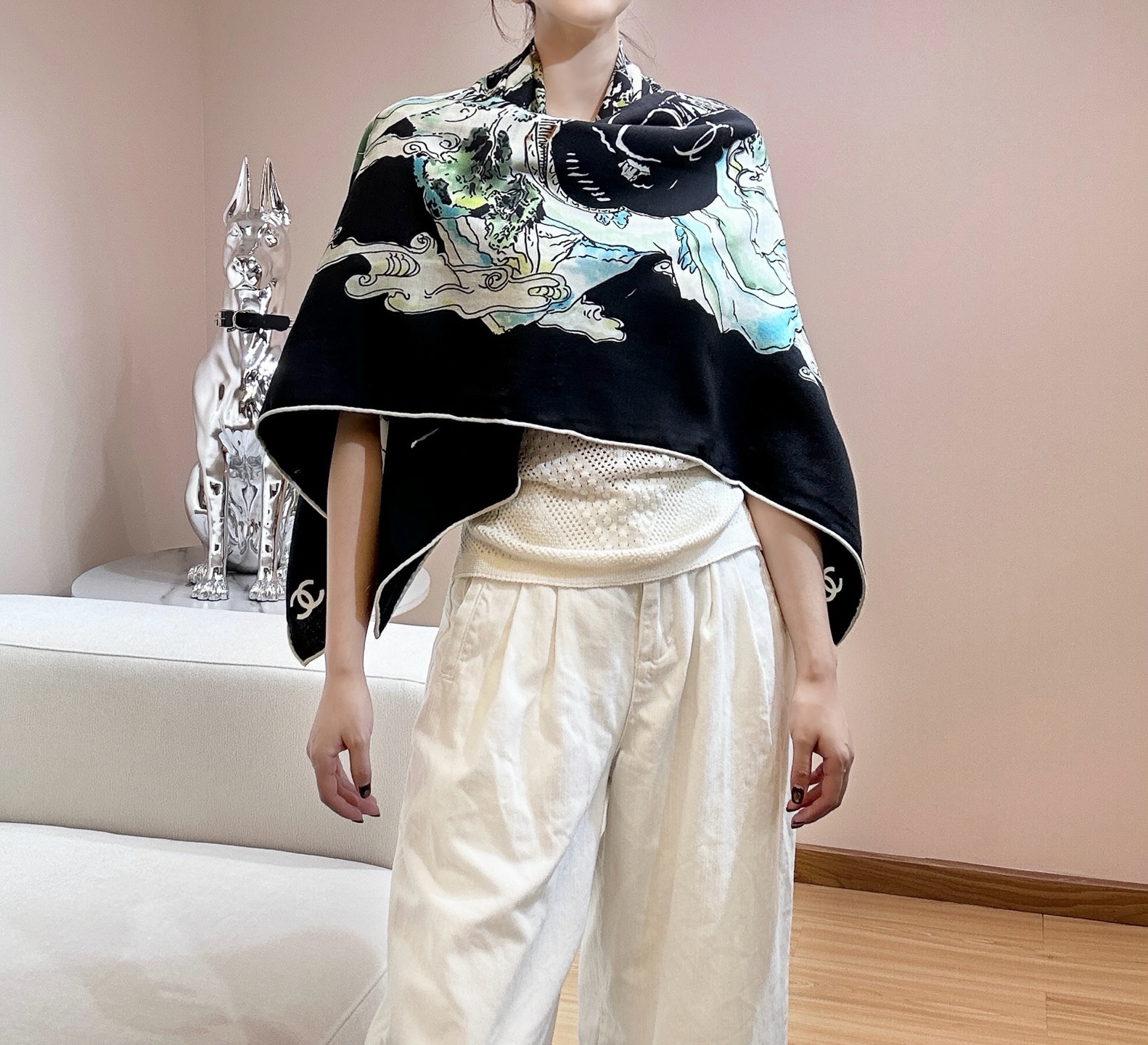 Chanel深色山水絲巾女 原單高級感圍巾 A貨大尺寸百搭披肩