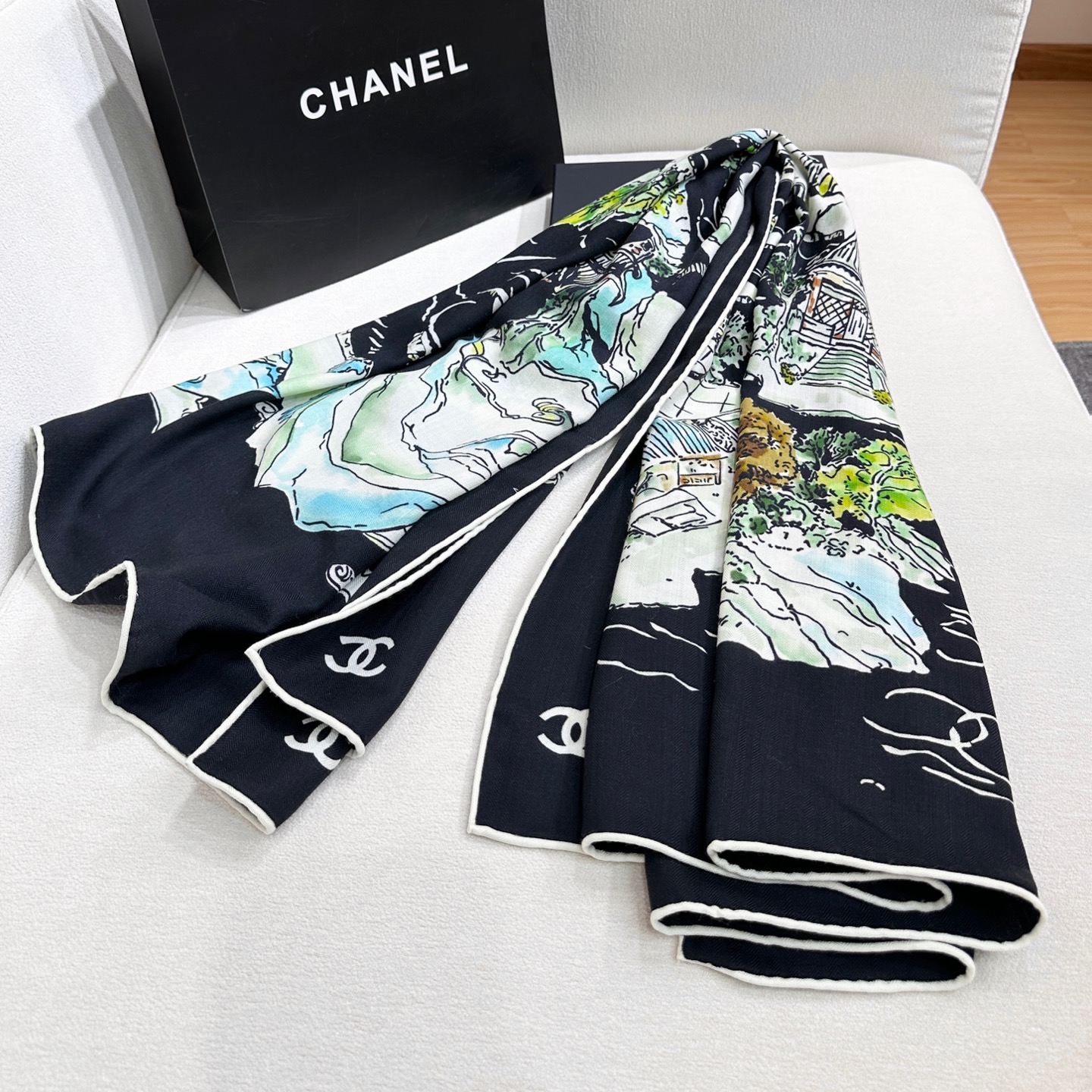 Chanel深色山水絲巾女 原單高級感圍巾 A貨大尺寸百搭披肩