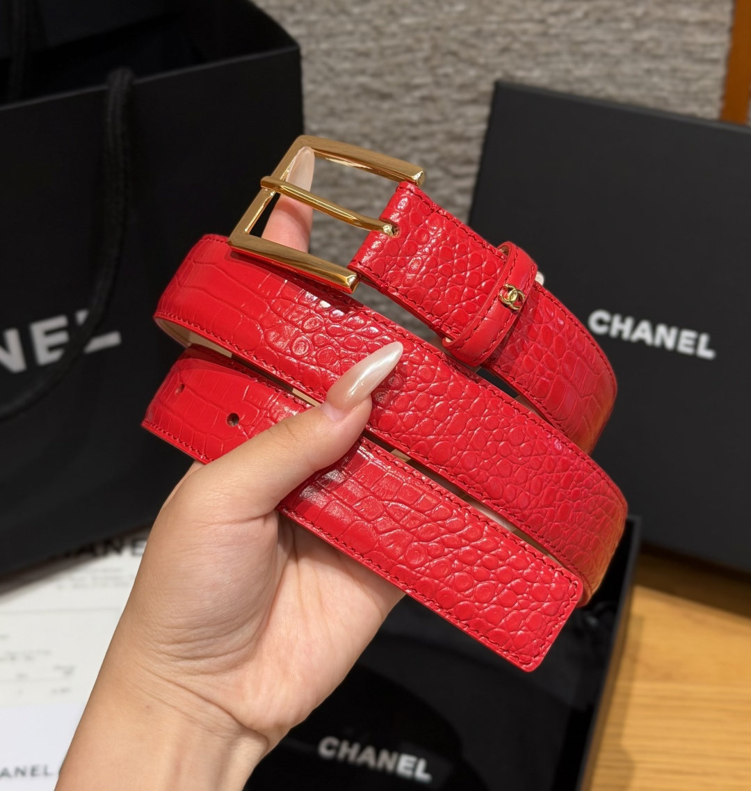 Chanel A貨 女款紅色鱷魚紋皮帶 金屬方扣腰帶 百搭時尚款| 13 Chanel A貨 女款紅色鱷魚紋皮帶 金屬方扣腰帶 百搭時尚款