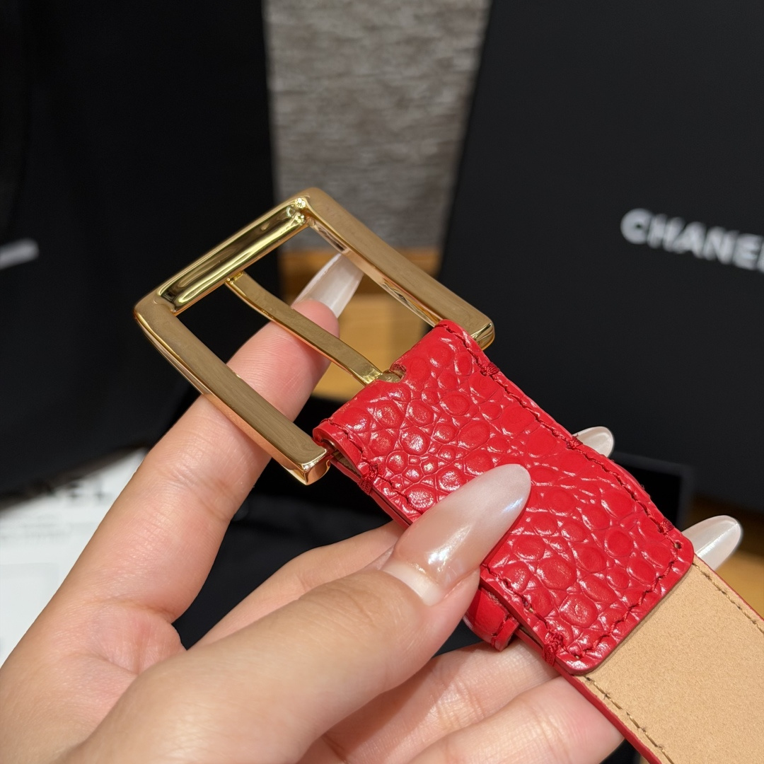 Chanel A貨 女款紅色鱷魚紋皮帶 金屬方扣腰帶 百搭時尚款| 9 Chanel A貨 女款紅色鱷魚紋皮帶 金屬方扣腰帶 百搭時尚款