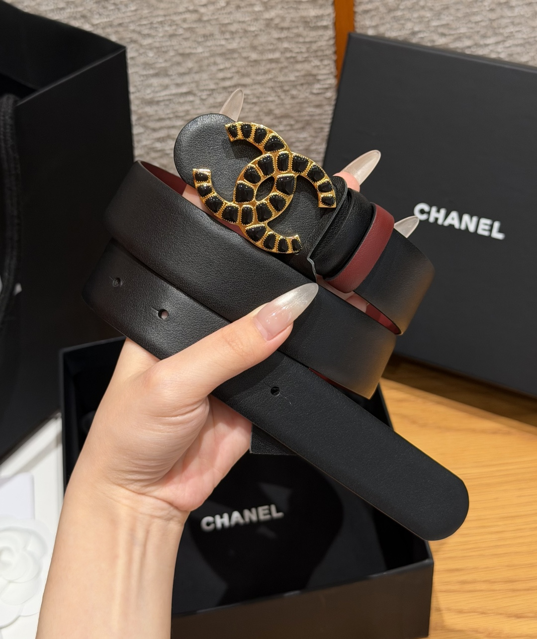 Chanel 原單 女款雙C水鑽珍珠扣皮帶 酒紅色腰帶 氣質名媛款| 13 Chanel 原單 女款雙C水鑽珍珠扣皮帶 酒紅色腰帶 氣質名媛款
