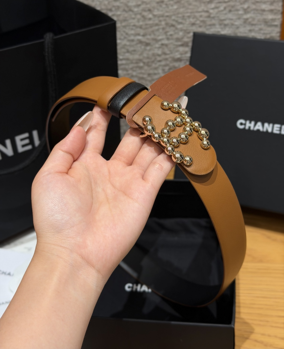 Chanel 高仿金屬球珠CC扣雙色牛皮皮帶焦糖色