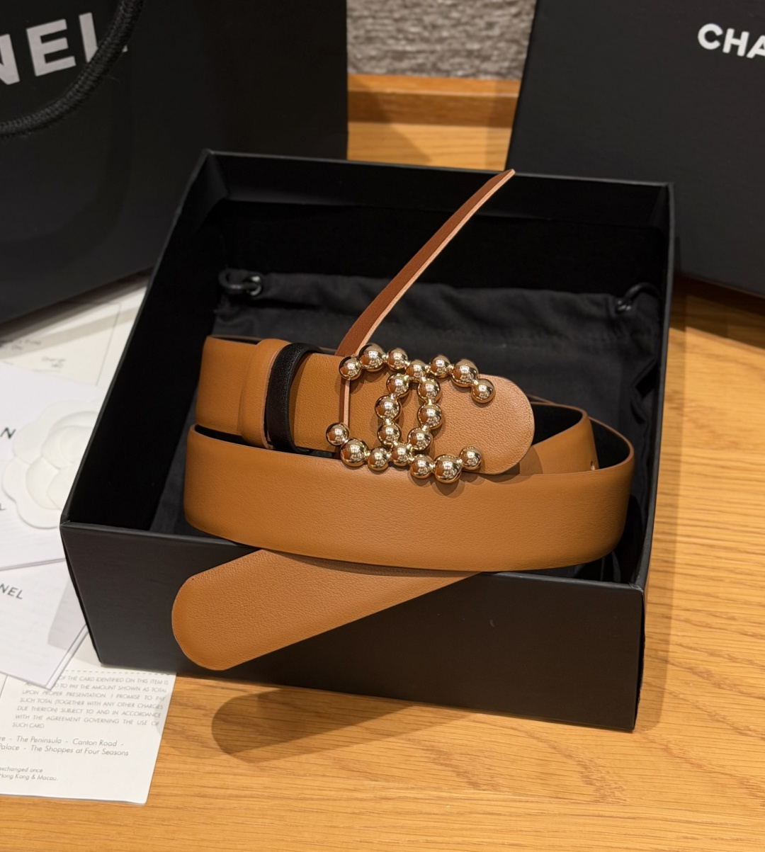Chanel 高仿金屬球珠CC扣雙色牛皮皮帶焦糖色| 13 Chanel 高仿金屬球珠CC扣雙色牛皮皮帶焦糖色