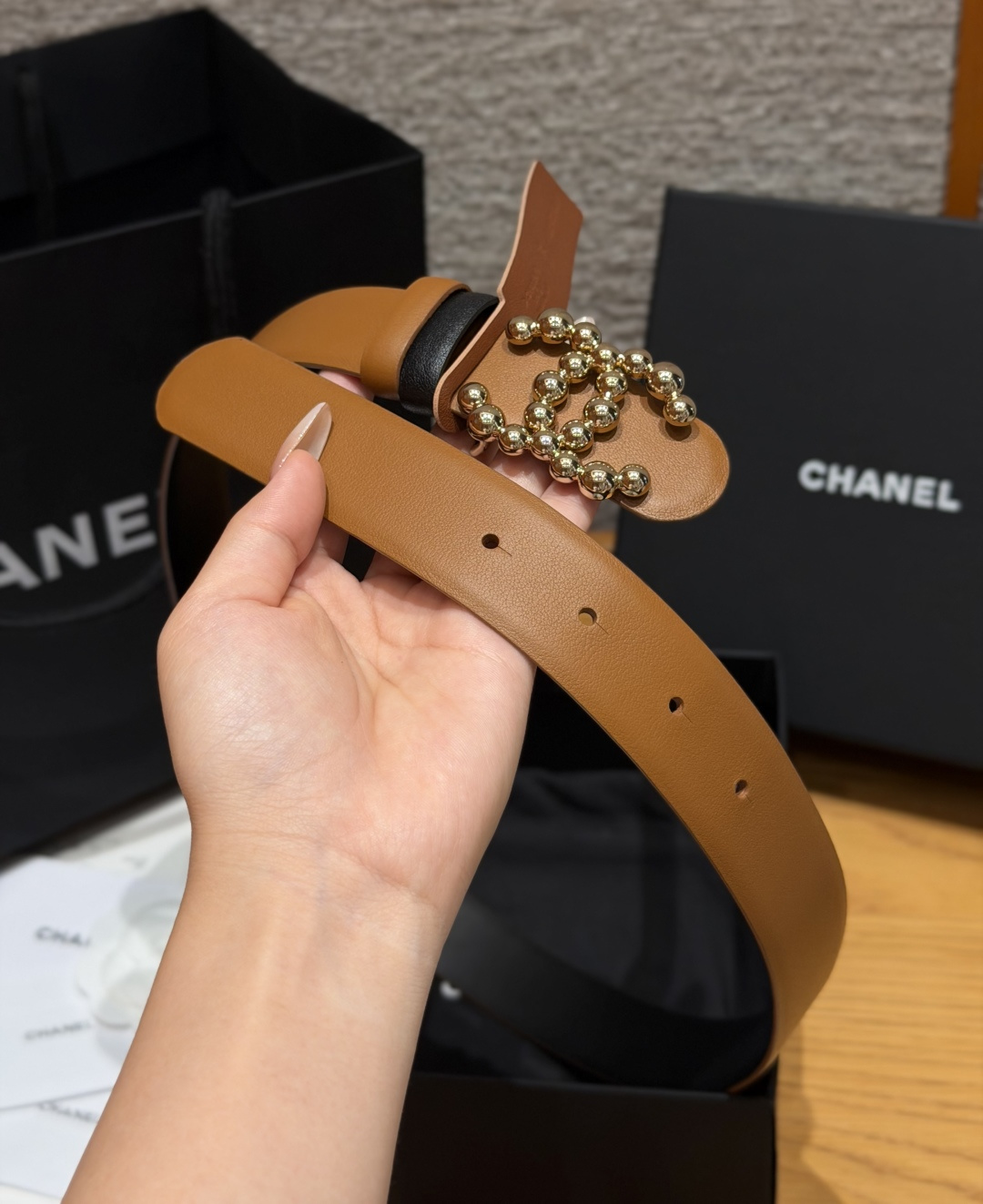Chanel 高仿金屬球珠CC扣雙色牛皮皮帶焦糖色| 11 Chanel 高仿金屬球珠CC扣雙色牛皮皮帶焦糖色