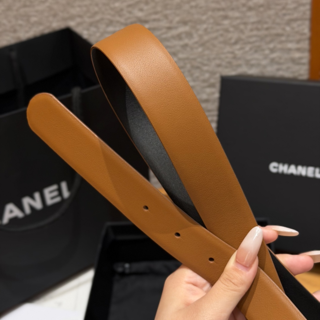 Chanel 高仿金屬球珠CC扣雙色牛皮皮帶焦糖色| 7 Chanel 高仿金屬球珠CC扣雙色牛皮皮帶焦糖色
