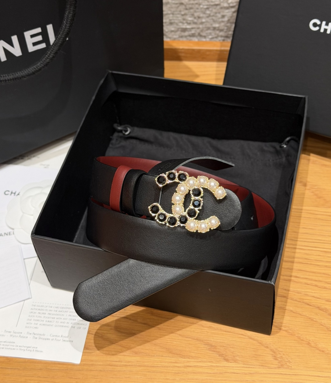Chanel A貨珍珠黑寶石雙色CC扣牛皮皮帶黑色| 14 Chanel A貨珍珠黑寶石雙色CC扣牛皮皮帶黑色