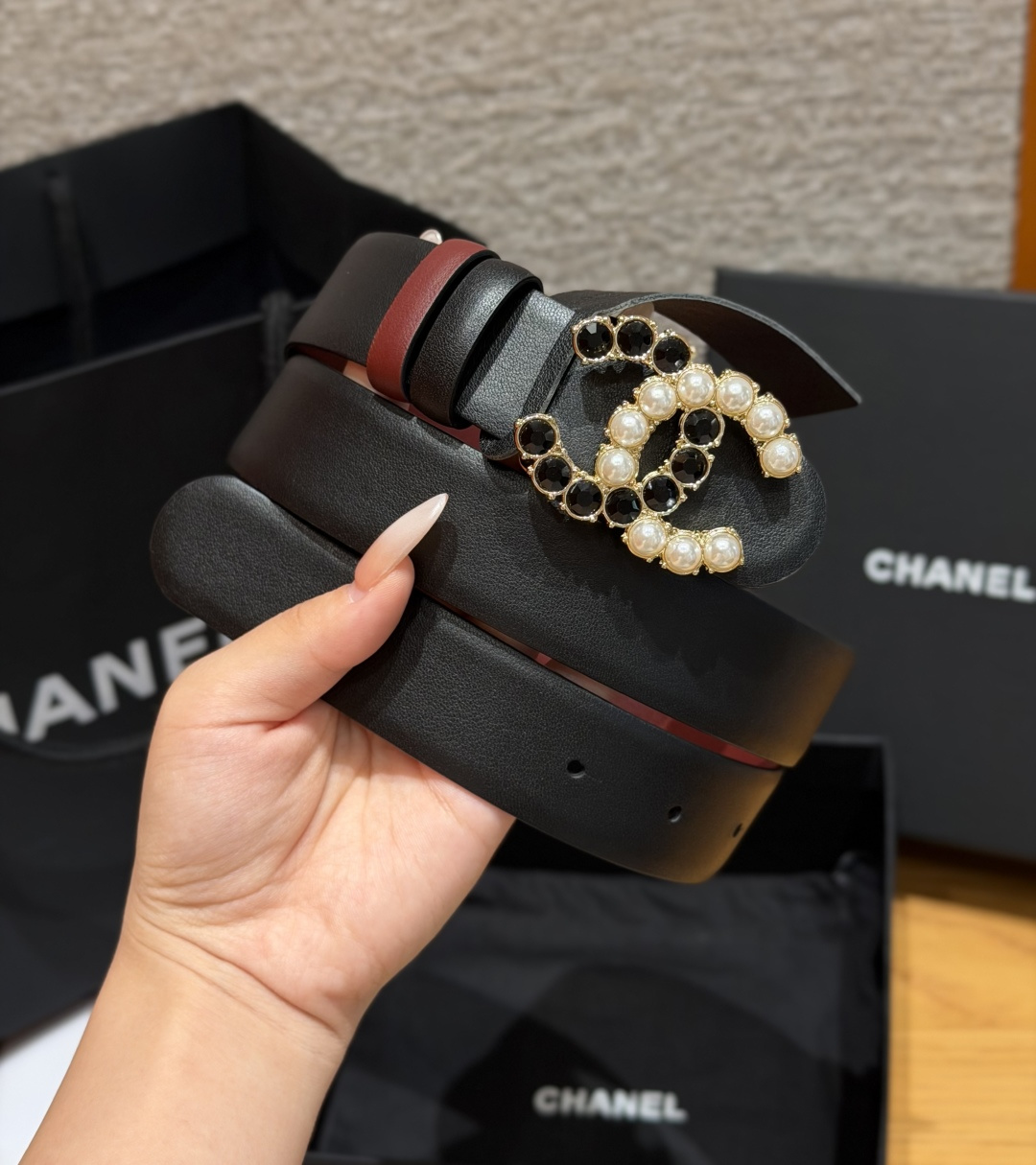 Chanel A貨珍珠黑寶石雙色CC扣牛皮皮帶黑色| 13 Chanel A貨珍珠黑寶石雙色CC扣牛皮皮帶黑色