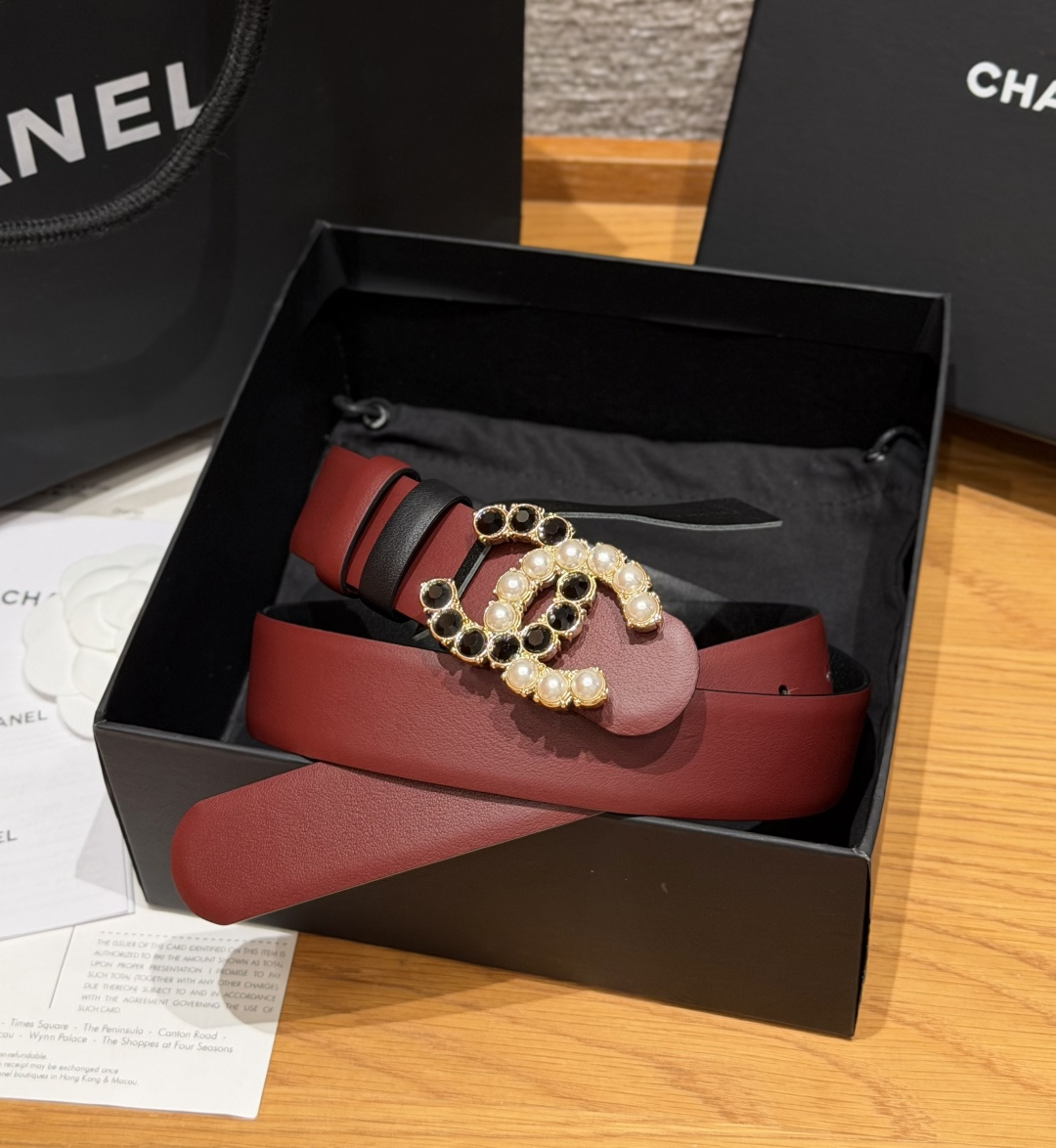 Chanel 原單珍珠黑寶石CC扣牛皮皮帶酒紅色| 14 Chanel 原單珍珠黑寶石CC扣牛皮皮帶酒紅色
