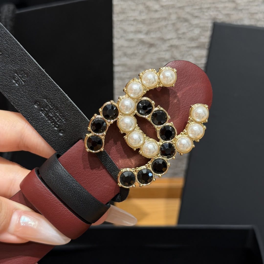 Chanel 原單珍珠黑寶石CC扣牛皮皮帶酒紅色| 10 Chanel 原單珍珠黑寶石CC扣牛皮皮帶酒紅色