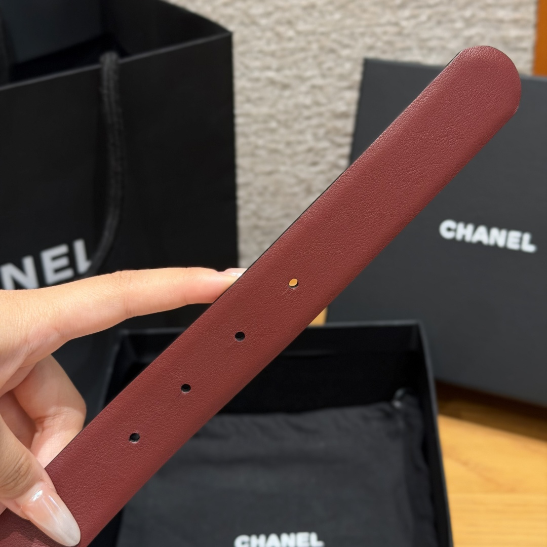 Chanel 原單珍珠黑寶石CC扣牛皮皮帶酒紅色| 8 Chanel 原單珍珠黑寶石CC扣牛皮皮帶酒紅色