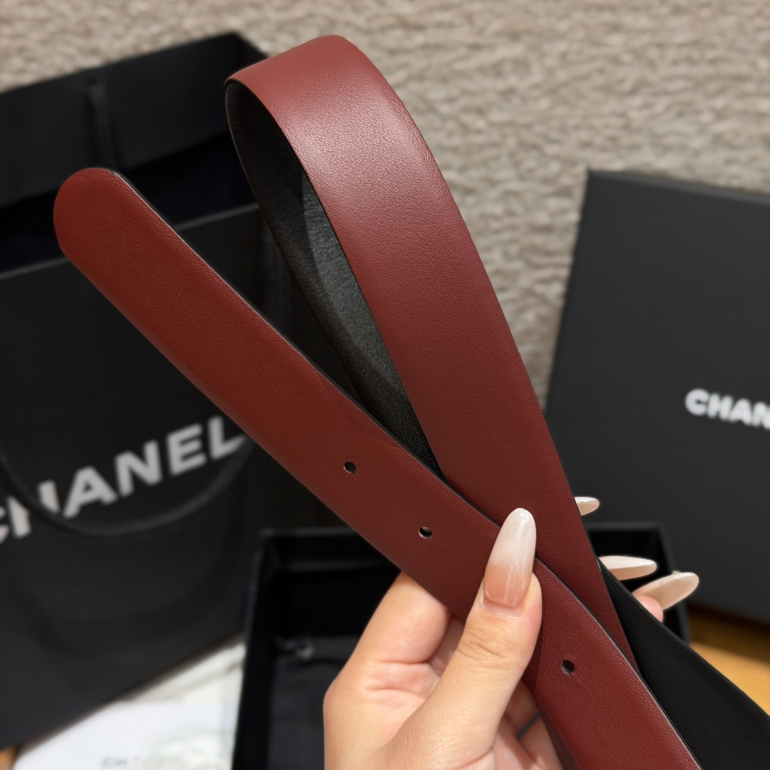 Chanel 原單珍珠黑寶石CC扣牛皮皮帶酒紅色| 7 Chanel 原單珍珠黑寶石CC扣牛皮皮帶酒紅色