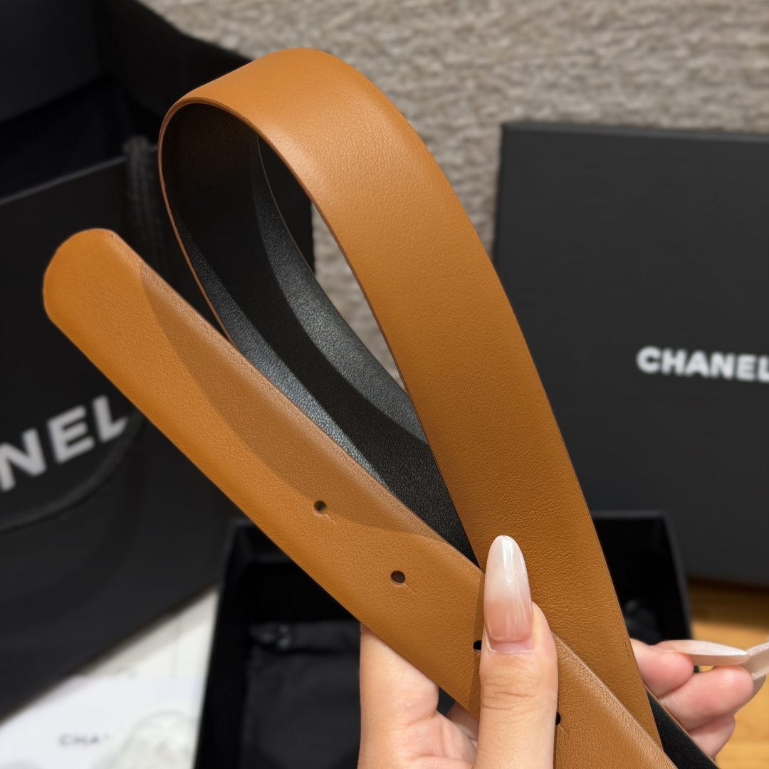 Chanel 一比一珍珠黑鑽CC雙色牛皮皮帶焦糖棕色| 7 Chanel 一比一珍珠黑鑽CC雙色牛皮皮帶焦糖棕色