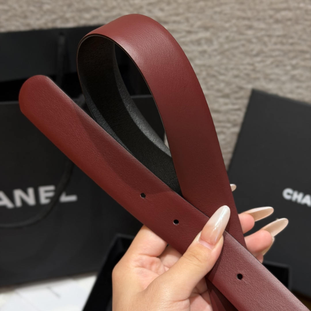 Chanel A貨滿鑽雙C扣女士牛皮皮帶酒紅色| 7 Chanel A貨滿鑽雙C扣女士牛皮皮帶酒紅色