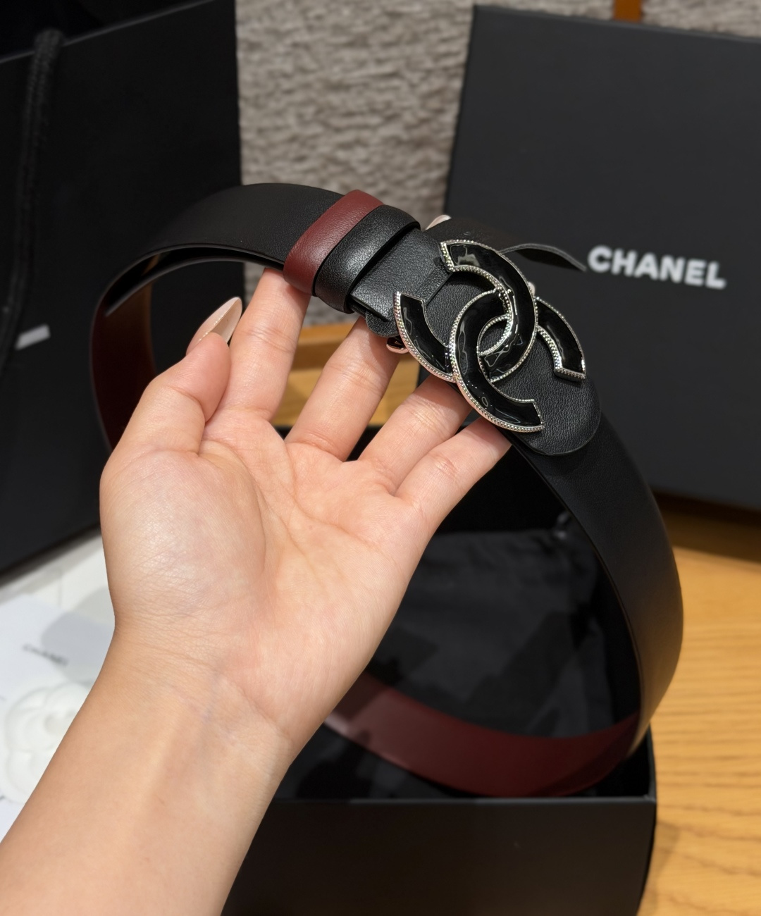 Chanel原單黑色琺瑯雙C扣雙面女士皮帶| 3 Chanel原單黑色琺瑯雙C扣雙面女士皮帶