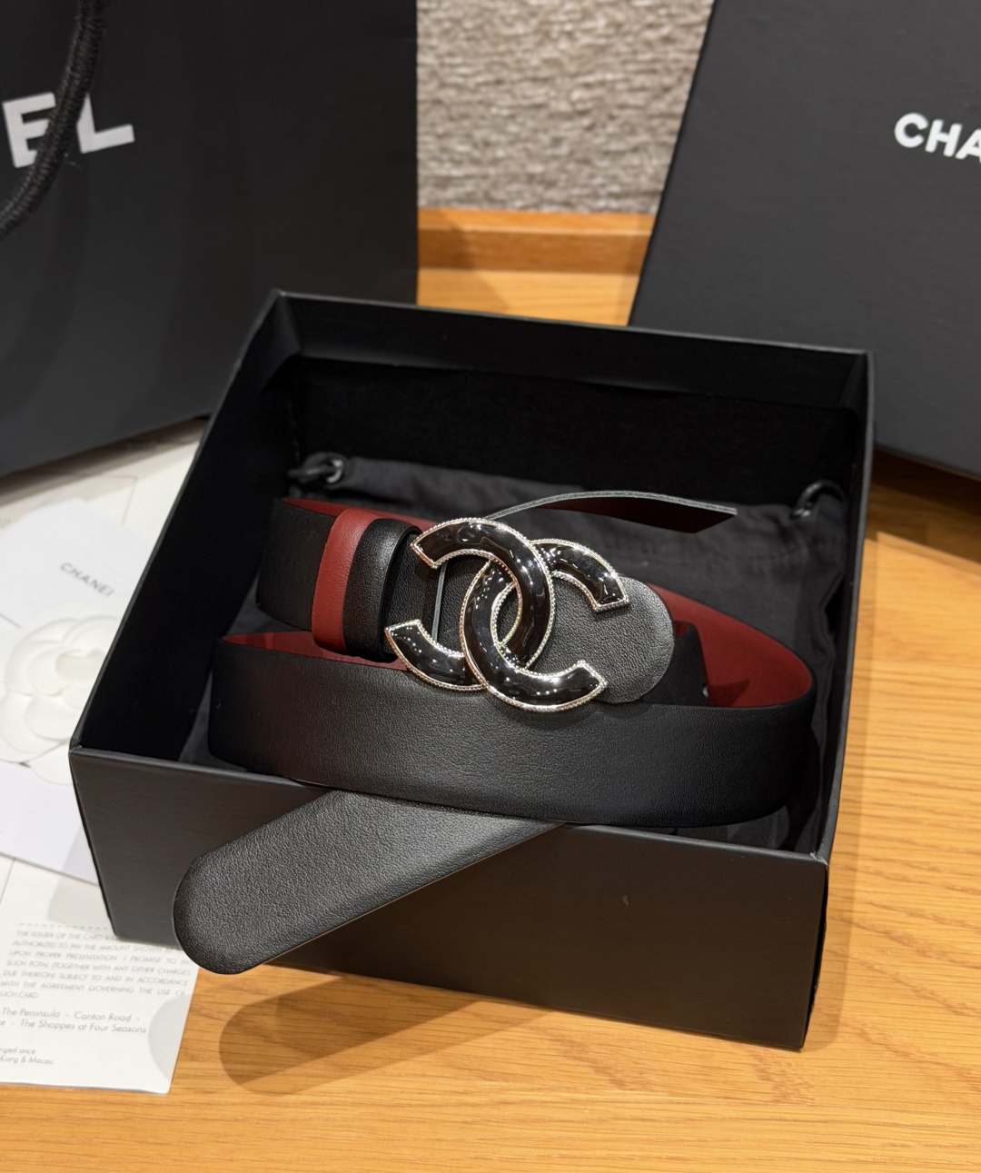 Chanel原單黑色琺瑯雙C扣雙面女士皮帶