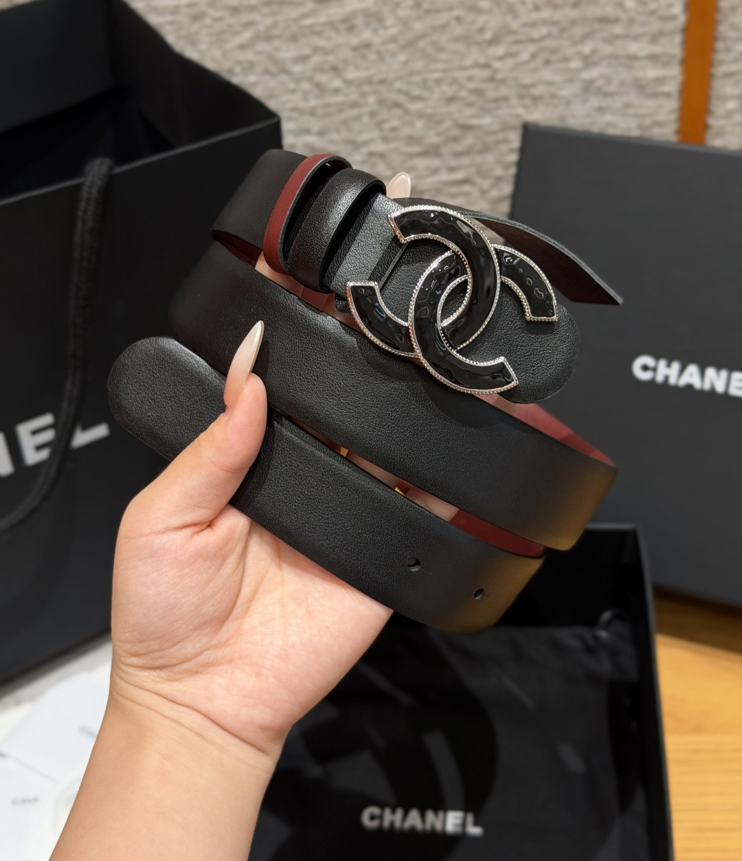 Chanel原單黑色琺瑯雙C扣雙面女士皮帶