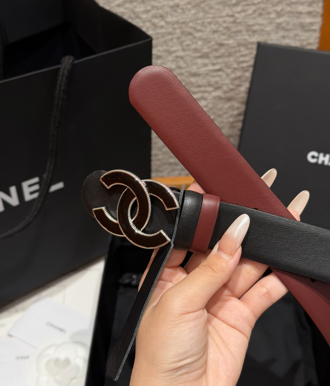 Chanel原單黑色琺瑯雙C扣雙面女士皮帶
