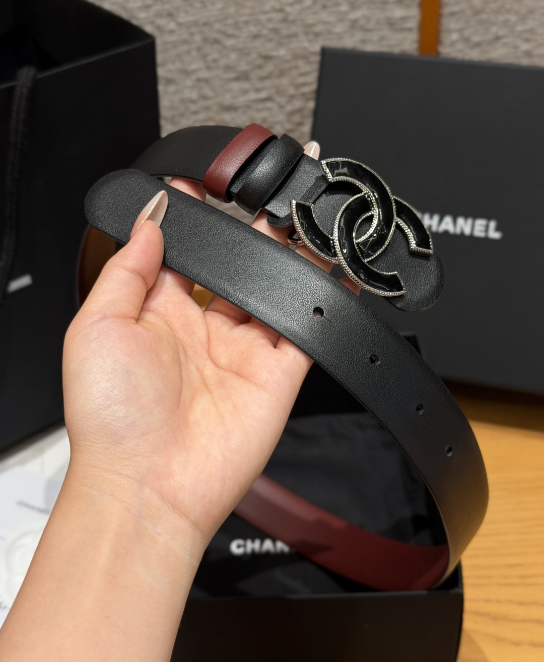 Chanel原單黑色琺瑯雙C扣雙面女士皮帶