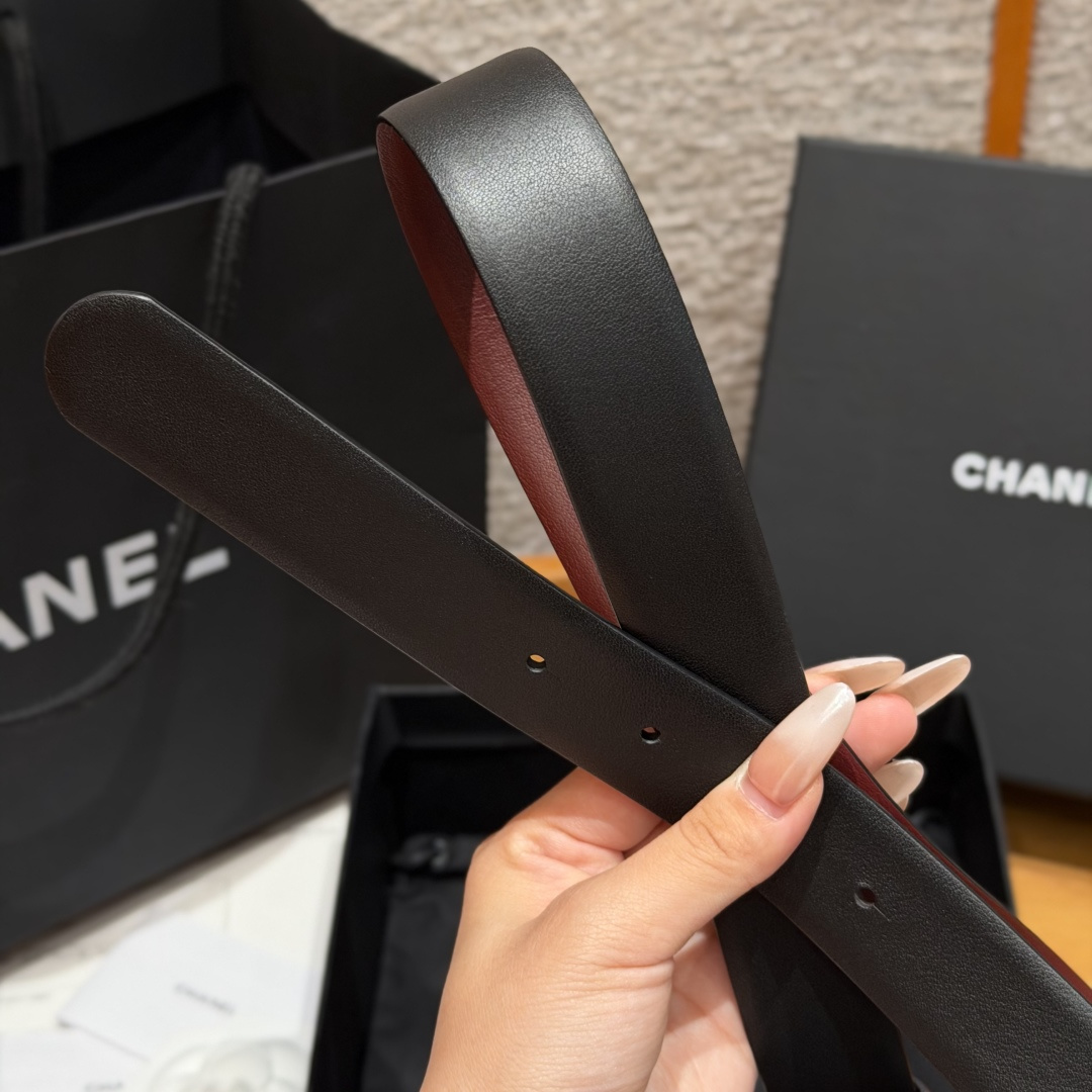 Chanel原單黑色琺瑯雙C扣雙面女士皮帶