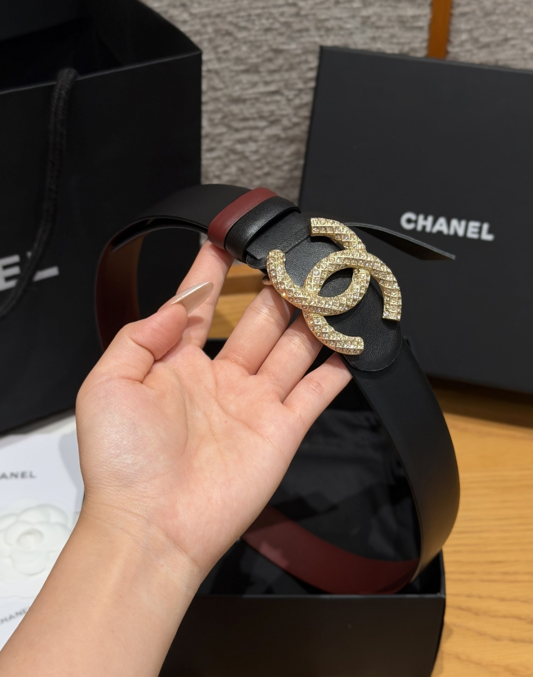 Chanel高仿滿鑽雙C雙面牛皮女士皮帶