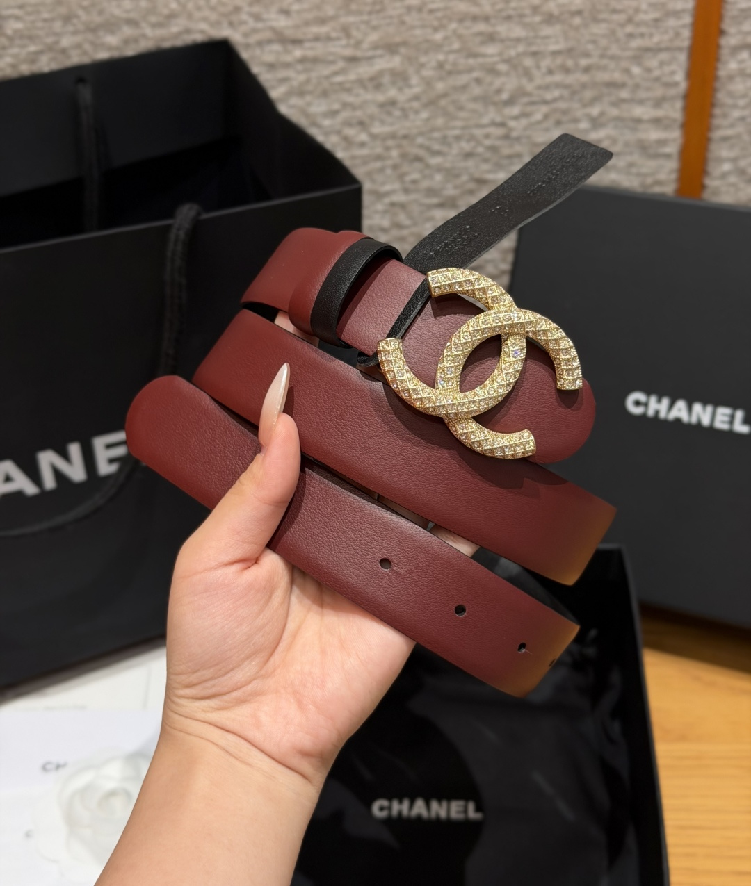 Chanel一比一酒紅雙面滿鑽雙C精品皮帶