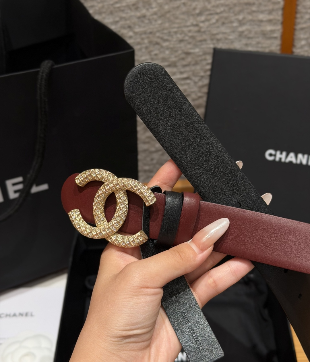 Chanel一比一酒紅雙面滿鑽雙C精品皮帶