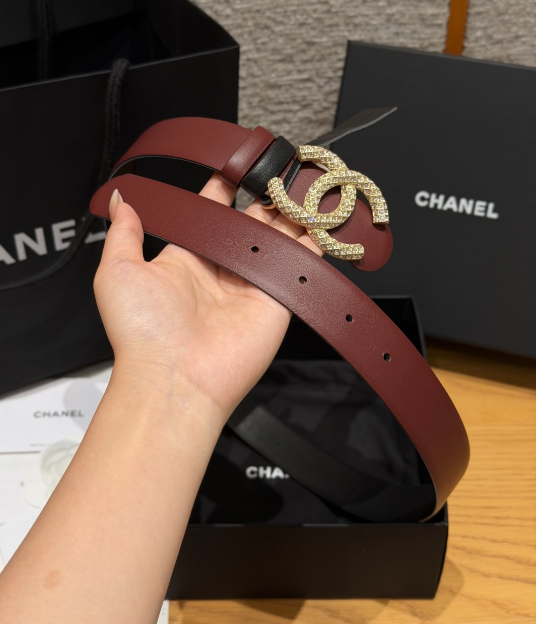 Chanel一比一酒紅雙面滿鑽雙C精品皮帶