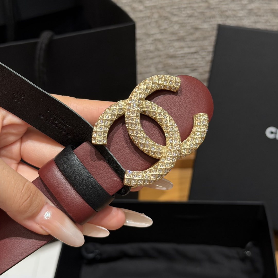Chanel一比一酒紅雙面滿鑽雙C精品皮帶