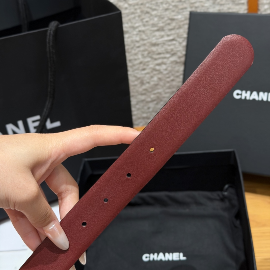 Chanel一比一酒紅雙面滿鑽雙C精品皮帶