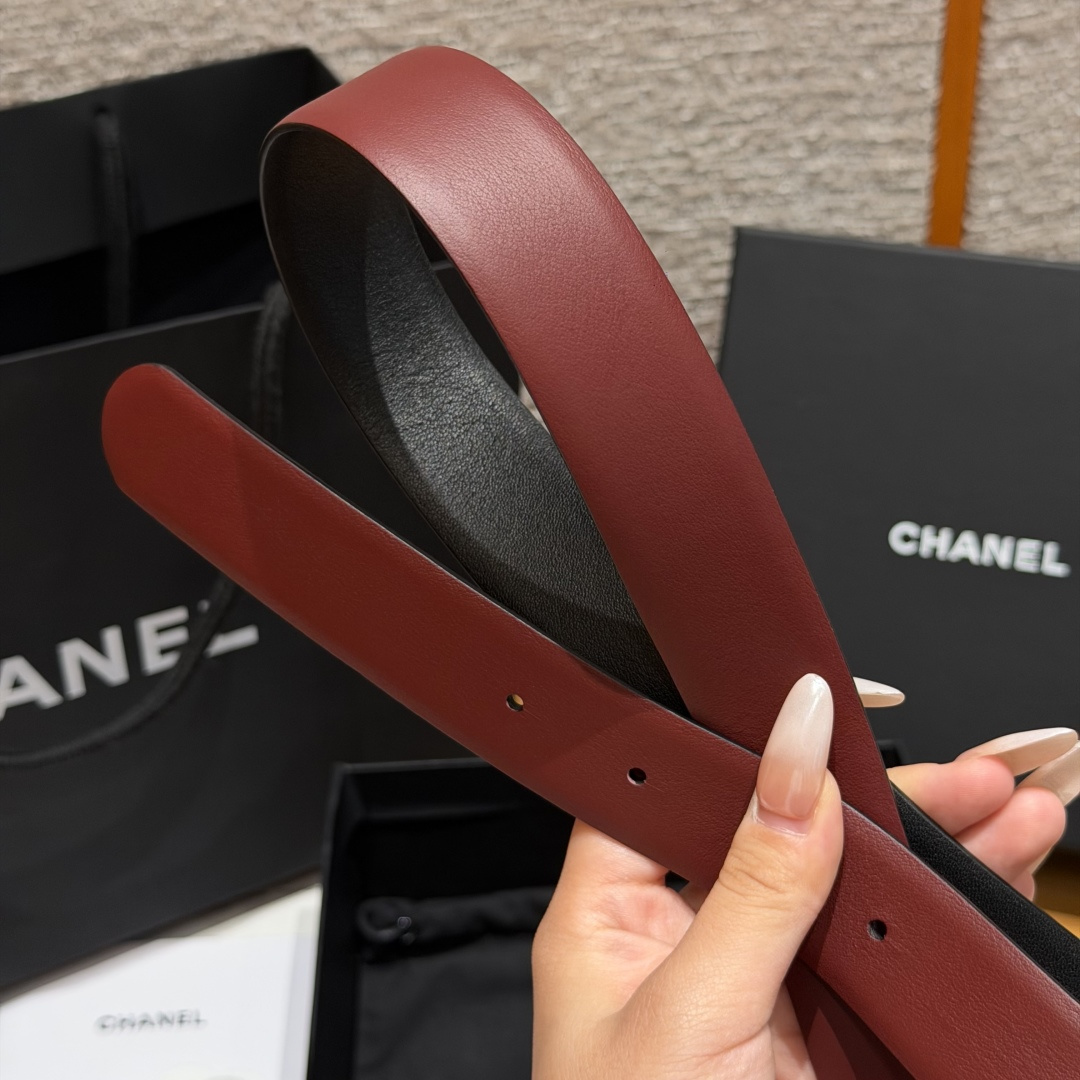 Chanel一比一酒紅雙面滿鑽雙C精品皮帶