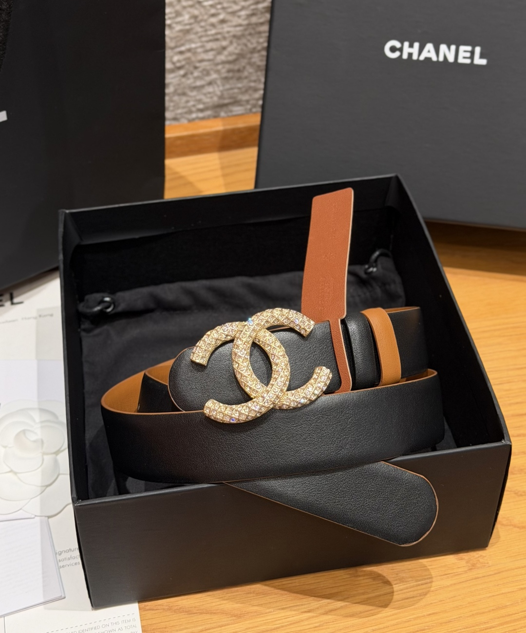 Chanel原單焦糖棕黑滿鑽雙C女士牛皮腰帶| 12 Chanel原單焦糖棕黑滿鑽雙C女士牛皮腰帶