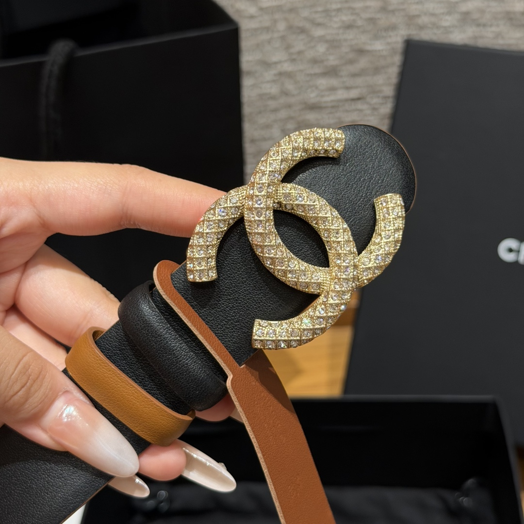 Chanel原單焦糖棕黑滿鑽雙C女士牛皮腰帶| 8 Chanel原單焦糖棕黑滿鑽雙C女士牛皮腰帶
