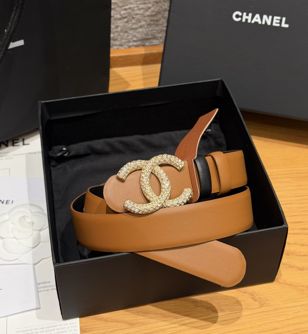 ChanelA貨棕色菱格紋金色雙C女士皮帶| 13 ChanelA貨棕色菱格紋金色雙C女士皮帶