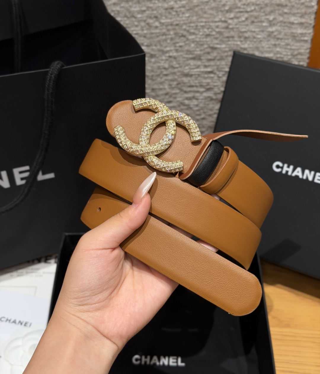 ChanelA貨棕色菱格紋金色雙C女士皮帶| 12 ChanelA貨棕色菱格紋金色雙C女士皮帶