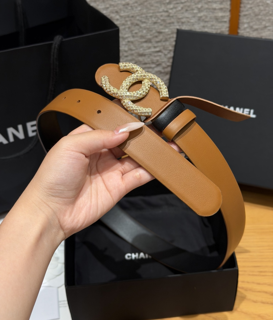 ChanelA貨棕色菱格紋金色雙C女士皮帶| 10 ChanelA貨棕色菱格紋金色雙C女士皮帶