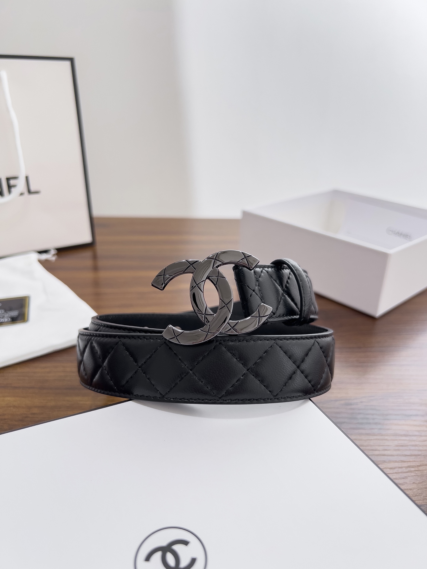 Chanel一比一黑色菱格紋槍灰雙C女士腰帶