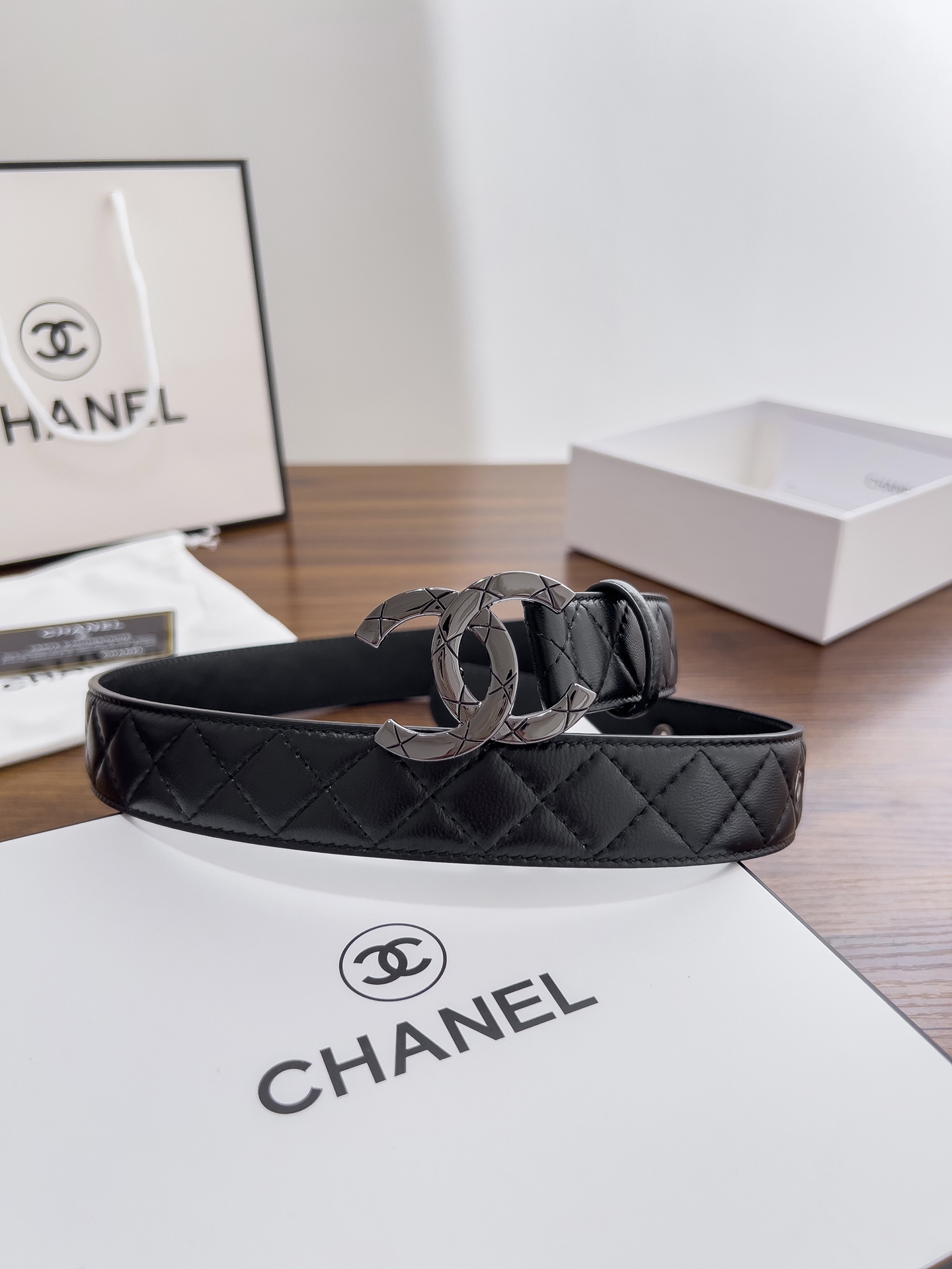 Chanel一比一黑色菱格紋槍灰雙C女士腰帶
