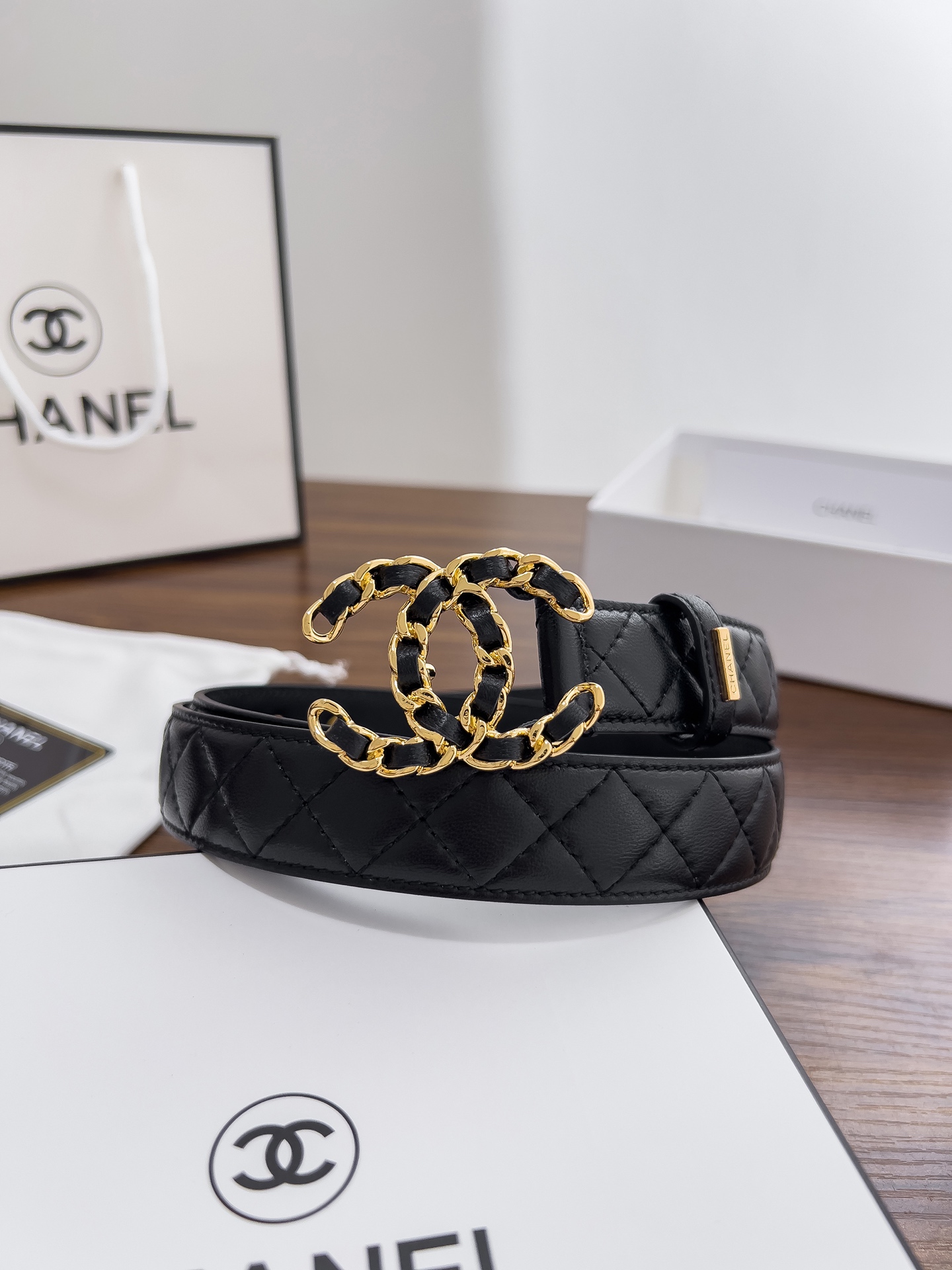 ChanelA貨金色皮穿鍊雙C女士精品腰帶| 14 ChanelA貨金色皮穿鍊雙C女士精品腰帶