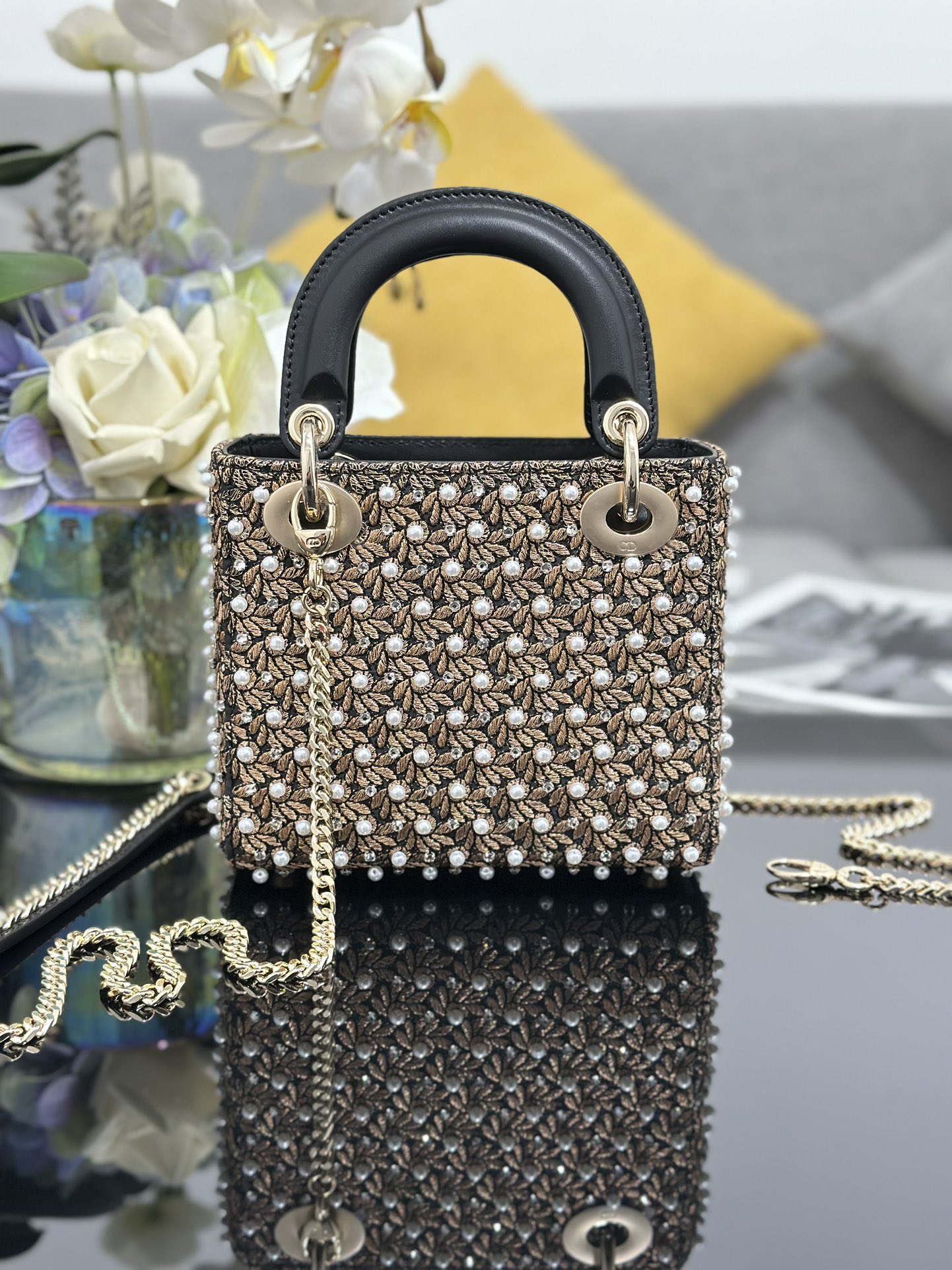 Dior 原單 女款 Lady 珍珠花卉刺繡手提包 輕奢時尚款