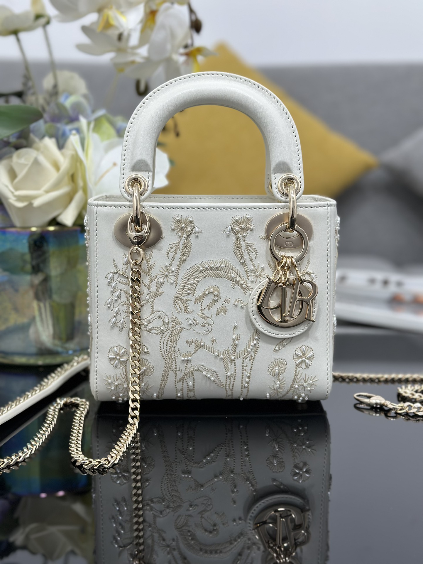 Dior 原單 女款 Lady 白色刺繡天鵝手提包 優雅氣質款