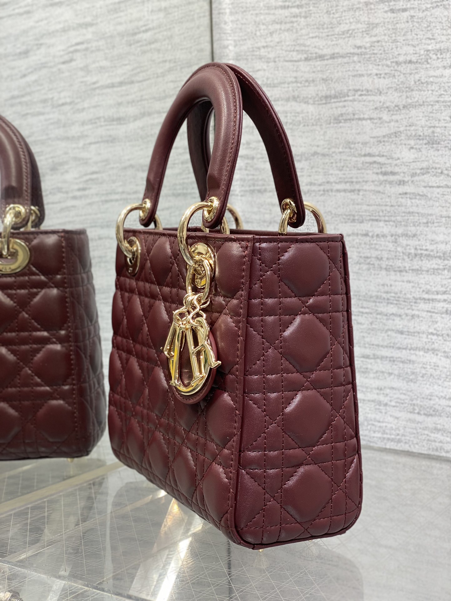 Dior 一比一 女款 Lady 酒紅色藤格紋手提包 復古高級款