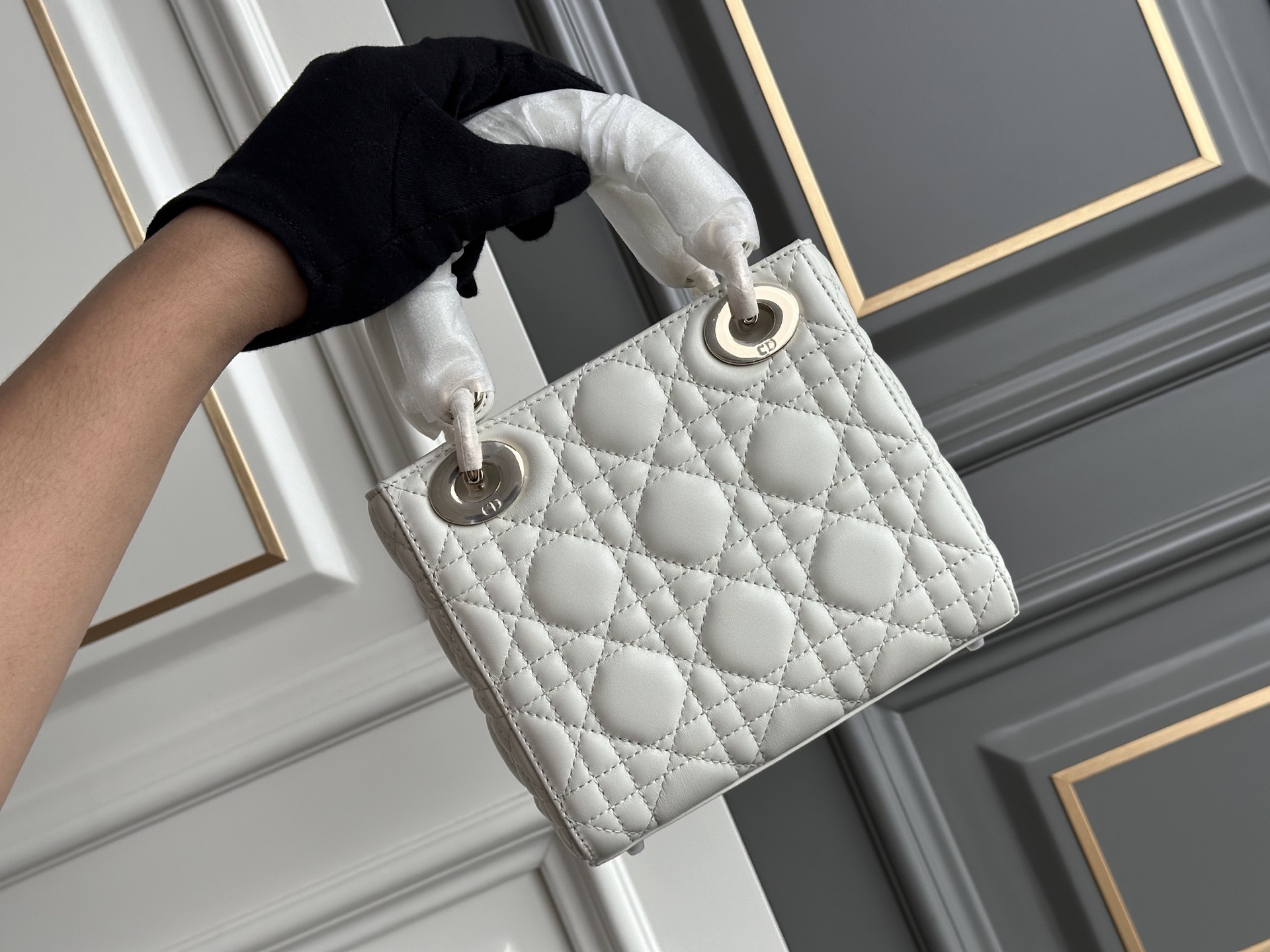 Dior 原單 女款 Lady 白色藤格紋手提包 經典優雅款