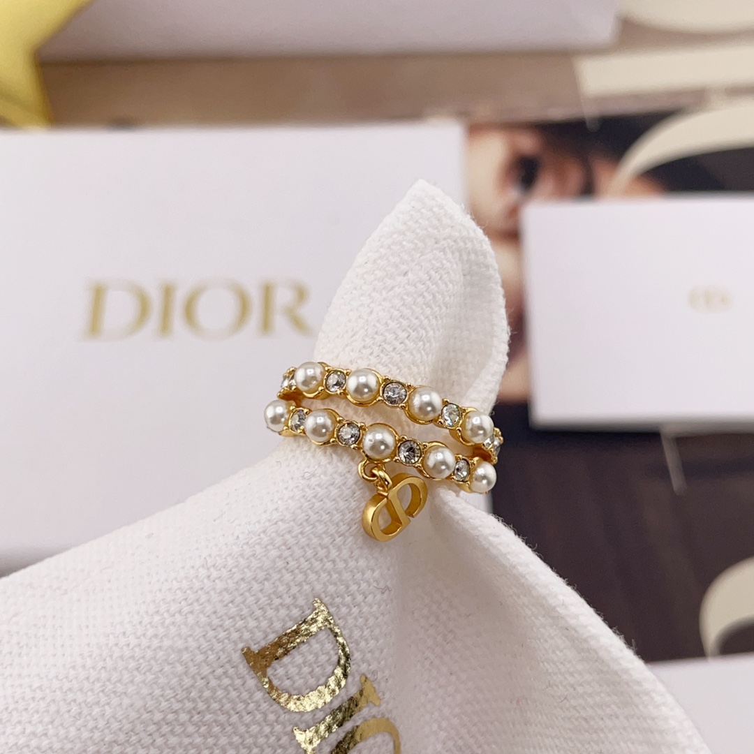 Dior一比一女士珍珠鑲鑽戒指氣質優雅設計百搭輕奢款