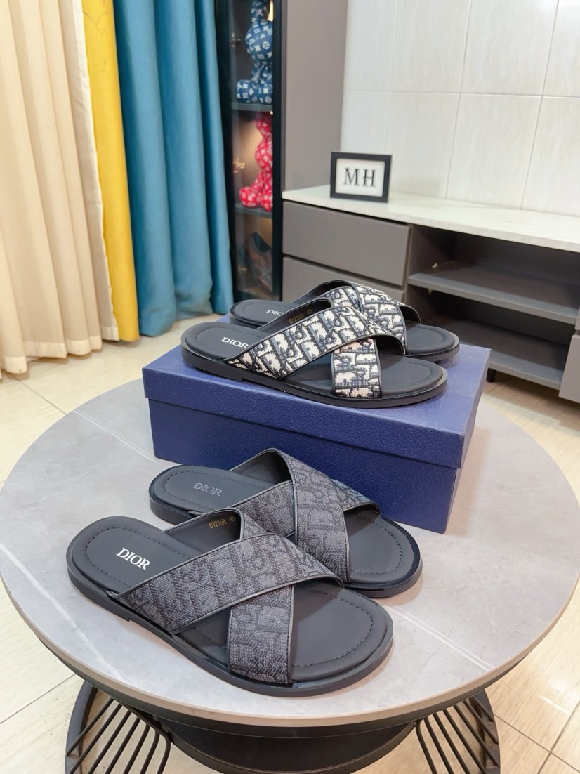 Dior 高仿男士涼拖 Oblique交叉設計黑灰印花百搭休閒拖| 6 Dior 高仿男士涼拖 Oblique交叉設計黑灰印花百搭休閒拖
