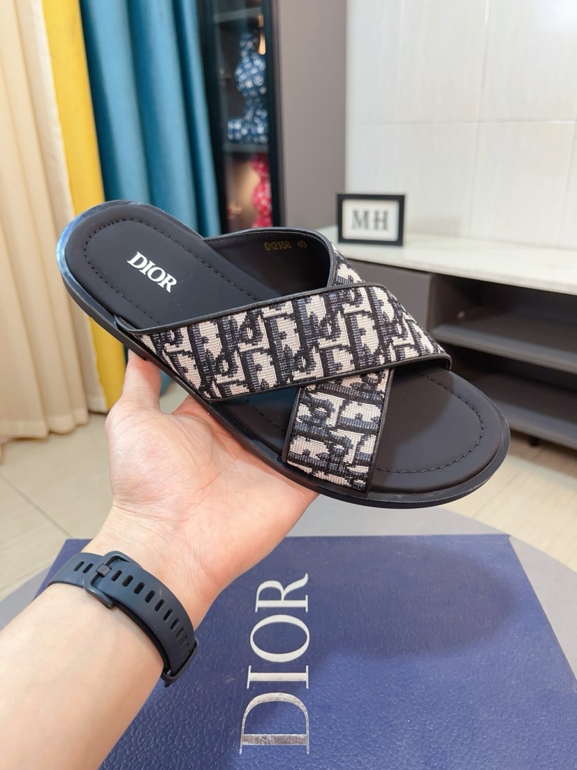 Dior  高仿男士涼拖 Oblique交叉設計黑灰印花百搭休閒拖