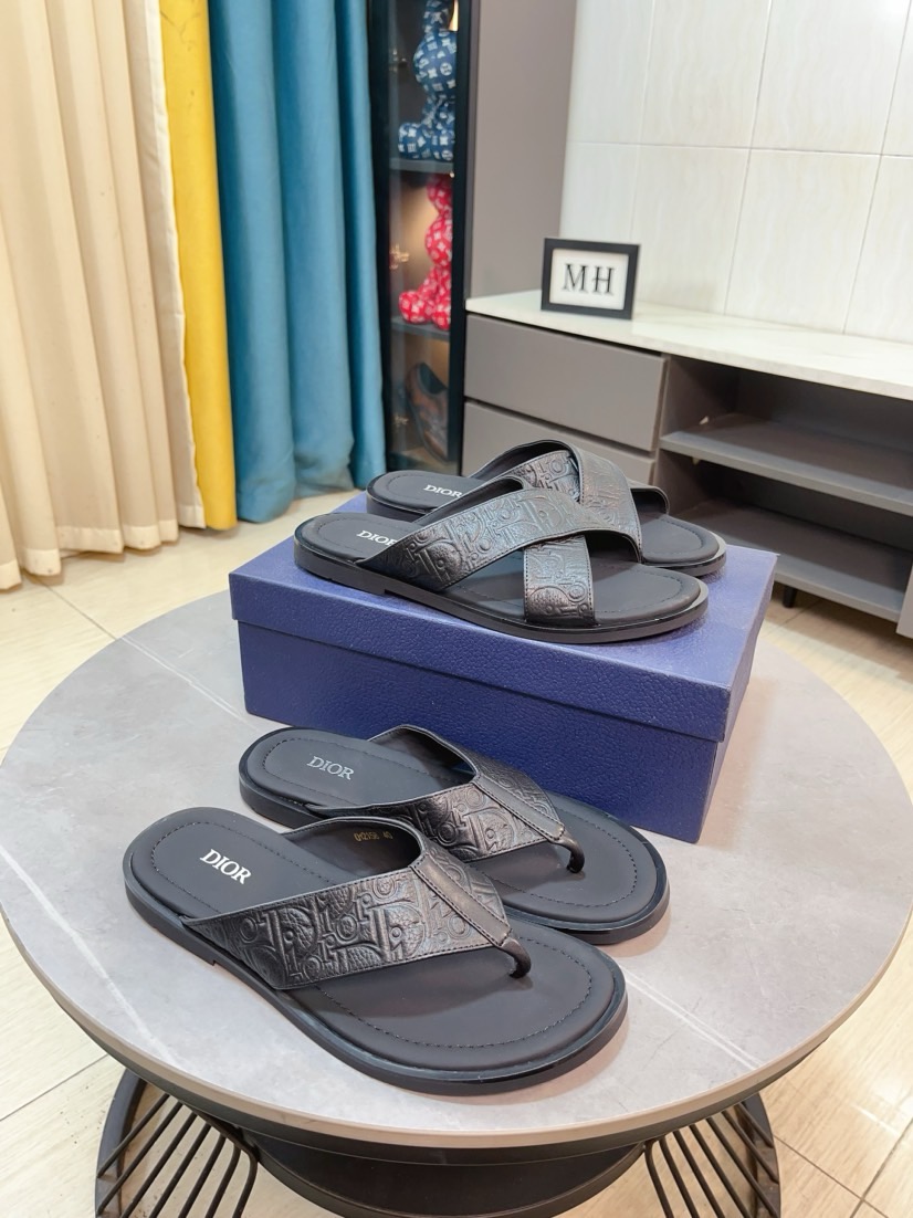 Dior 高仿男士涼拖 壓紋皮革交叉設計黑色簡約百搭款